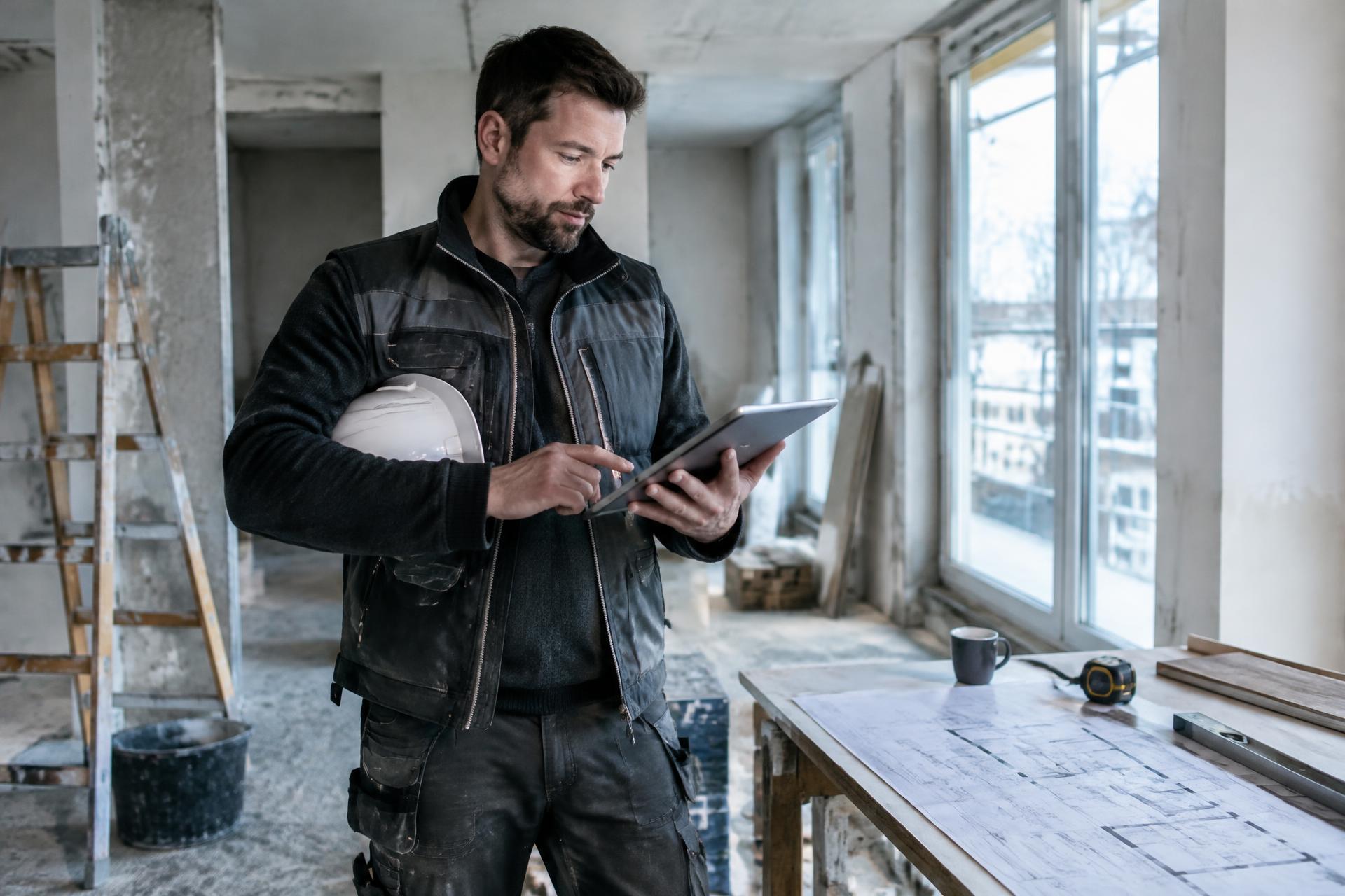 Jefe de obra revisando el proyecto de una reforma en una tablet